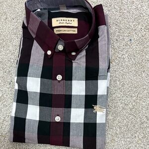 Burberry Men's Plaid Shirt - Burgundy, Black, and White